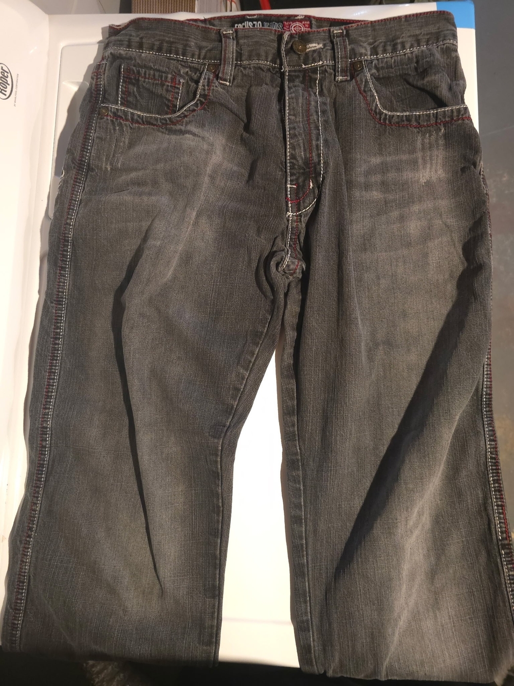 Focus 70 Jeans Mens 34x34 Dark Gray Embroidered Goth Crown Red Stitch Y2K Baggy